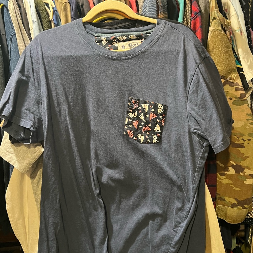 Original Penguin Men's Slate Blue Pocket Tee with Patterned Accent